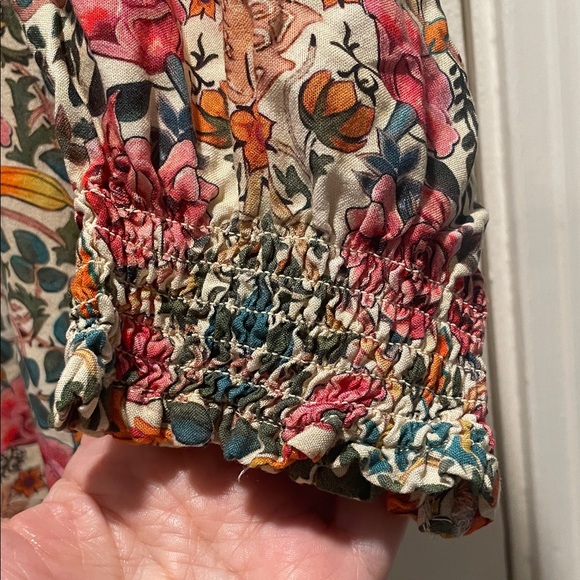 NATURAL LIFE Cream Floral Print Top with Teal and Coral Accents Side Slits Maxi - Picture 4 of 12